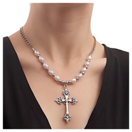 Erimberate Gothic Cz Cross Pendant Necklace Punk Pearl Choker Necklace Religion Large Cross Necklace Choker Silver Curb Chain Necklace Jewelry for Women and Girls