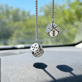 2 Pcs Metal Hanging Dice Car Mirror Accessories, Plated Alloy Rear View Mirror Charms with Chain, Sparkly Car Interior Ornament for Men Women Drivers, Auto Mirror Decoration for Cars SUV Truck