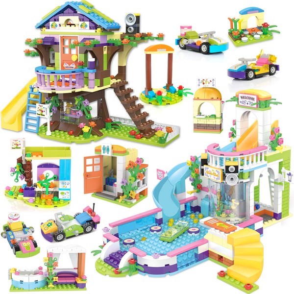 Tree House Building Kit, Summer Pool Party Toy Building Set, Creative Construction Play Set - Portable Storage Box with Base Plates Lid - Present Gift for Kids Boys Girls Ages 6-12 (1274 Pieces)