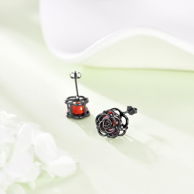 Blacke Rose Earrings 925 Sterling Silver Gothic Rose Stud Earrings