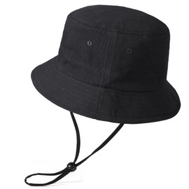 Glitovox Men's Bucket Hat, Large Size Safari Hat, Extra Large, Sun Protection Hat, Spring and Summer, UV Protection, Cotton, Chin Strap, Small Face Effect, 22.0 - 25.6 inches (56 - 65 cm), Black, XL