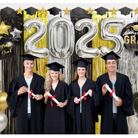 Graduation Decorations 2025, 1Pack Grad Foil Fringe Curtains, Black Gold Silver Metallic Tinsel Backdrop Graduation Photo Booth Props Streamer for High School College University Grad Party