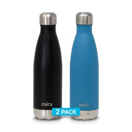 MIRA 2 Pack 17 Oz Cola Shaped Insulated Stainless Steel Water Bottle - Double Walled Vacuum Insulated Thermo Flask - Metal Sports Bottle - Black & Hawaiian Blue