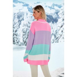 Mock Neck Tops for Women 2024 Trendy Striped Sweaters Oversized Pullover Sweater Pink L