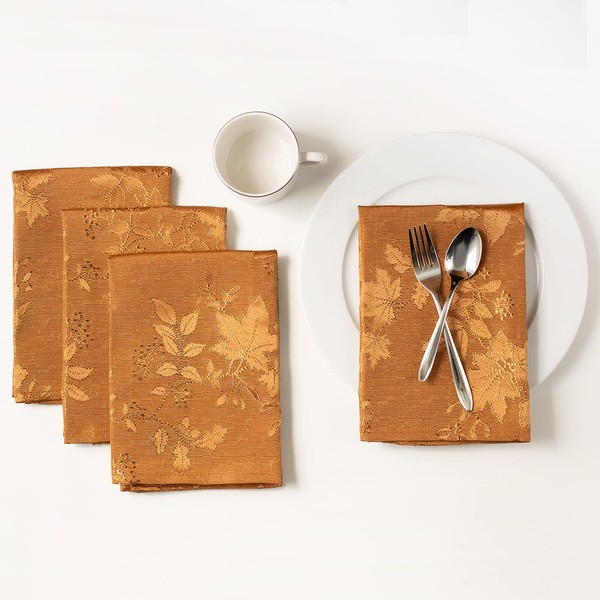 Benson Mills Fabric Set of 4 Cloth Napkins, Countryside Leaves Damask Cloth Napkins for Fall, Harvest & Thanksgiving Tablecloths (Amber, 18" x 18" Napkins Set of 4)