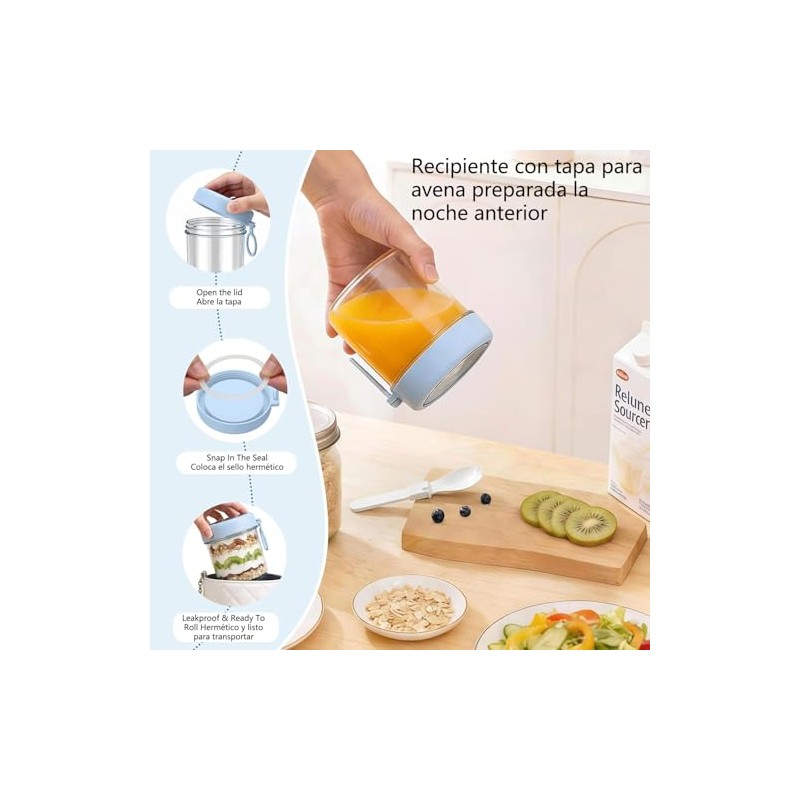 Vaso Avena Overnight 500ml 4PCS Tapa Hermética sin BPA