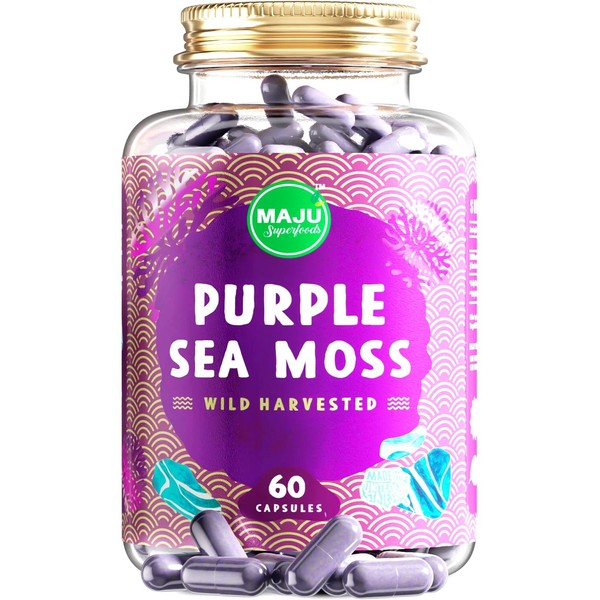 MAJU's Powerful Purple Sea Moss Capsules (60 ct), Extra-Strength Purple Minerals, Chondrus Crispus, Stronger Than Gel, Compare to Organic Irish Seamoss Capsule, Wild Harvested Powder Pills