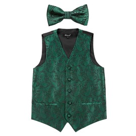 Alizeal Boys Waistcoat and Bow Tie Paisley Jacquard Classic Formal Suit Vest Set, Dark Green-12