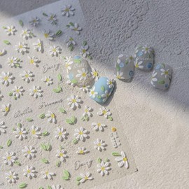 White Small Daisy Flower Nail Art Stickers Decals 5D Embossed Flowers Nail Stickers Spring Summer Daisy Sunflower Design Decals for Nails Fresh Floral Manicure Decorations for Women Girls Children