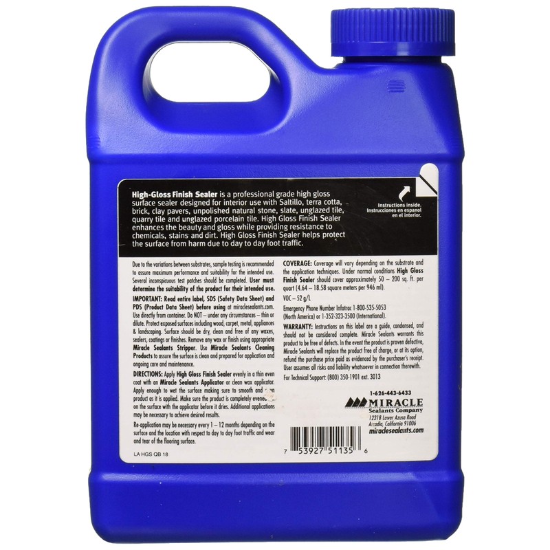Miracle Sealants High-Gloss Finish Sealer for Tile & Stone, Water-Based,