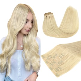 DOORES Hair Extensions Real Human Hair, Bleach Blonde 14 Inch 7pcs 110g, Clip in Hair Extensions Seamless Clip ins Remy Straight Hair Extensions Trick Hair Invisi Edge Hair Extensions
