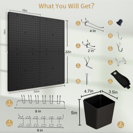 FZK Pegboard 32"*32",Black Pegboard 4pcs and 46 Peg Board Hooks with Strong Ribs Back Holds up for 200Ib,Peg Board,Pegboard Wall Organizer,Peg Boards for Walls for Garage Workshop Office