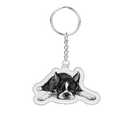 WIRESTER Sparkling Glitter Double Sided Acrylic Keychain for Keys, Cars, Motorcycles, Backpacks, Travel - Boston Terrier Dog Lying Down Looking Up