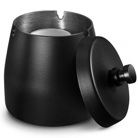 Zeawavsl Ashtray with Lid, Ashtray for Outdoors, Wind Ashtray Made of Stainless Steel, Black Standing Ashtray for Outdoor and Indoor Use