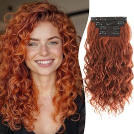 Aisaide Clip in Hair Extensions, 4PCS 16 inch Curly Hair Extensions Short Soft Natural Hairpiece Lace Weft Curly Wave Clip Ins Extensions Invisible for Women,Dark Copper Red