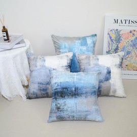 QUALKNOY Set of 4 Velvet Cushion Covers 40x40 cm Blue Grey Modern Abstract Art Decorative Throw Pillow Cases 16x16 inches for Living Room Sofa and Outdoor Decor
