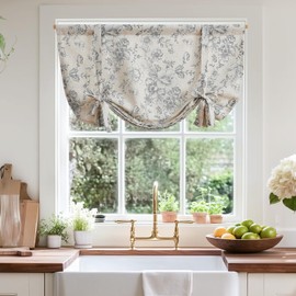 jinchan Tie Up Curtain Double Layer Linen Roman Shades Valance Curtain Floral for Bathroom Window Living Room Cafe Farmhouse Room Darkening Rustic Adjustable 45 Inch 1 Panel Grey on Beige