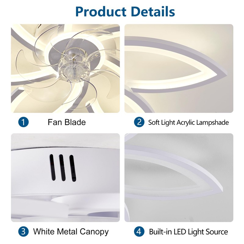 Dalouguan Ceiling Fan with Lights Remote Control, White Flower Ceiling