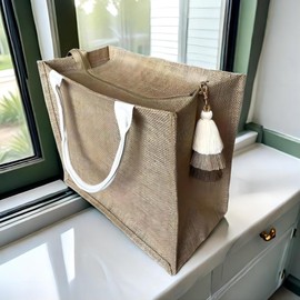 Ardorion Jute Bag with Zip and Tassel Pendant Waterproof Large Shopping Bags Shopper Bag Jute Bag Beach Bag Foldable Handbag Gift Bag, Natural jute