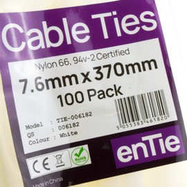 enTie Natural White Cable Ties 7.6 mm x 370 mm Nylon 66 UL Certified [Pack of 100] [370 mm x 7.6 mm]