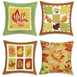 Bonhause Maple Leaves Throw Pillow Covers 18 x 18 Inch Set of 4 Autumn Leaf Brown Green Decorative Soft Velvet Cushion Cases for Couch Sofa Home Bed Décor