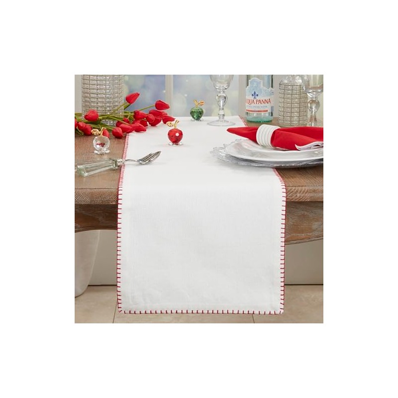 Saro Lifestyle Whip Stitched Design Cotton Table Runner, White/Red, 13"x72"