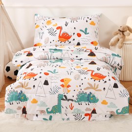 JSD Dinosaur Toddler Bedding Set, 4 Piece Bed-in-a-Bag Toddler Comforter Sheet Set, All Season Machine Washable