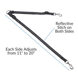 Prima Pets No Tangle Reflective Dog Leash Coupler - Double Dog Walker and Trainer Leash - Two Dogs Adjustable Splitter Lead - Each Side Adjusts 11" to 20" in Length (Small - 5/8" Width, Black)