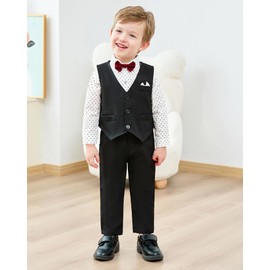 SOLOYEE Toddler Baby Boy Suit 18-24 Months Boys Clothes Gentleman Wedding Outfits, Formal Dress Long Sleeves Shirt+Bowtie+Vest+Suspender Pants Boys Gentleman Wedding Outfits Black