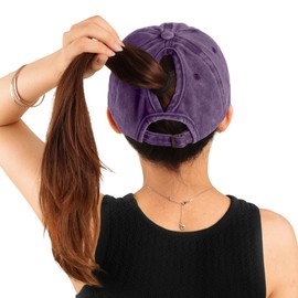 HeyCaps Ponytail Hats for Women - Distressed Hat with Ponytail Hole for Women Baseball Cap, Mountain- Purple, One Size