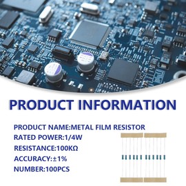 Innfeeltech 100 Pcs 1/4W 1% Tolerance 100K Ohm Metal Film Resistor Resistance for DIY Project and Experiments