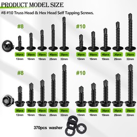 mxuteuk 1170PCS #8#10 Self Tapping Screws for Metal,410 Stainless Steel Self Drilling Screws,Truss Head & Hex Head 1/2" to1-1/4'' Self Tapping Screw for Plastic(800pcs Screw+370pcs Washer)