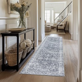 3x12 Hallway Washable Runner Rug : Vintage Soft Kitchen Bathroom Laundry Runner Non Slip Backing Farmhouse Entryway Floor Mat Stain Resistant Carpet for Bedroom Living Room Distressd Beside Rug(Gray)