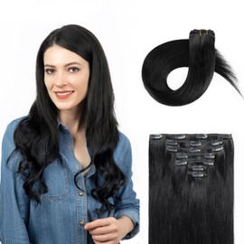 SoBeauty Clip in Hair Extensions Real Human Hair, Jet Black 100% Human Hair Extensions Clip in, Tangle-free Silky Straight Hair Extensions for Women, #1 22Inch 120G 7PCS
