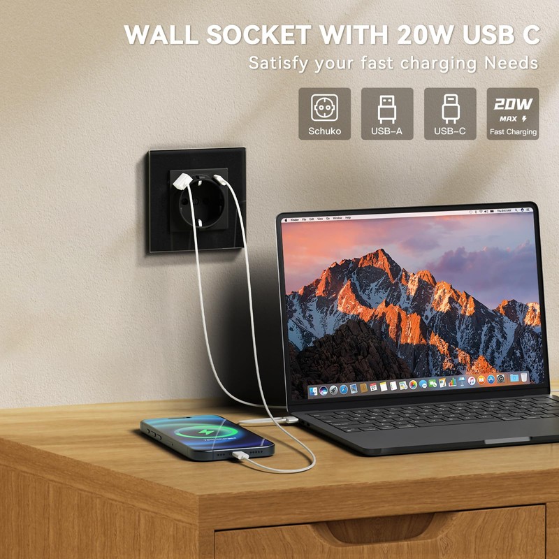 BSEED Socket with USB C 20 W, Quick Charge Wall