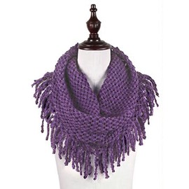 stylesilove Two Tone Womens Winter Warm Mini Tube Infinity Scarf With Fringe (One Size Fits All, Purple)