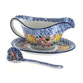 Blue Rose Polish Pottery Harvest Bounty Gravy Boat & Ladle