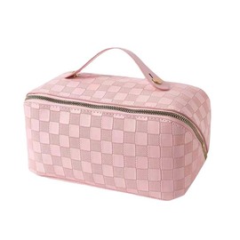 Kallsi Travel Makeup Bag, Large Capacity Cosmetic Bags for Women Waterproof Portable Pouch PU Leather Toiletry Bag Checkerboard Make up Organizer with Divider and Handle Pink