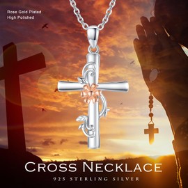 XIXLES Cross Necklace for Women 925 Sterling Silver Flower Cross Pendant Necklace Religious Faith Cross with Rose Gold Flower Necklaces Jewellery Gifts for Women