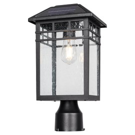 Diyel Solar Outdoor Post Light Fixture, Modern Exterior Pillar Lantern with Black Finish & Seeded Glass, Outside Pole Light for Garden, Backyard, Courtyard, Patio, Pathway