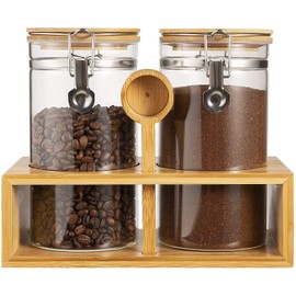 Yangbaga Glass Coffee Containers with Shelf, 2 x 45 oz Coffee Bean Storage with Airtight Locking Clamp and Bamboo Spoon, Large Capacity Food Storage Jar for Kitchen