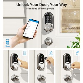 Veise RZ06C Smart Locks for Front Door, 2 Knob Handle Set, Keyless Entry Deadbolt, App Control, Electronic Touchscreen Digital Keypad, Auto Lock, Easy Installation, IP54 Waterproof, Satin Nickel