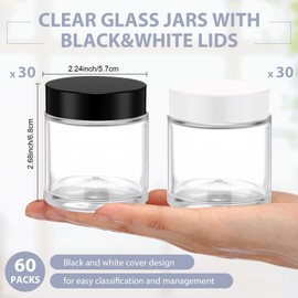 Meanplan 60 Pack Small Glass Jars with Lids Round Glass Sample Cosmetic Jars with Inner Liners for Condiment Containers Reusable Travel Empty Cosmetic Containers for Creams, Lotion(White Black,4 oz)