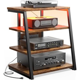 AV Media Stand with Outlets, Media Console with LED Lights, Stereo Racks and Stands with Storage Shelves, Media Audio Tower Cabinet, Rustic Brown