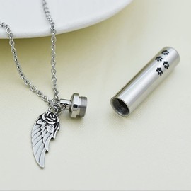 Pet Urn Necklace for Ashes Stainless Steel Paw Print Cylinder Cremation Jewelry for Human Pet Ashes Keepsake Memorial Ash Locket for Men Women (Silver)
