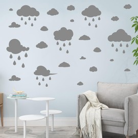 Large White Clouds and Raindrops Wall Decals, Removable Vinyl DIY Peel and Stick Big Clouds Wall Stickers for Living Room Nursery Children Baby Kids Boys Girls Bedroom Decor (Grey)