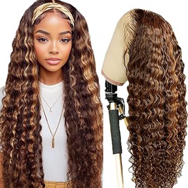 Weeybay Real Hair Wig Deep Wave Human Hair Wig Glueless Wear and Go 4 x 1 Lace Closure Wigs Women 100% Brazilian Bleached Knot Highlight Brown Colour 8A Grade 24 Inches