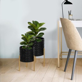 ARNIS Modern Planter Pots, Set of 2 Large Planters with Stand, Decorative Planters, Metal Pots with Drainage Holes for Living Room, Office, Garden or Balcony, 8.25 &10.5 Inch, Matte Black