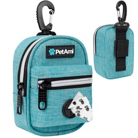 PetAmi Soporte para bolsa de excrementos de perro | Dispensador de bolsas de basura para perro con clip para correa y cinturón | Soporte portátil de tela para perro para caminar, senderismo, correr, viajes, con un rollo de bolsa para perro (azul azulado)