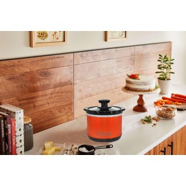 0.65-qt mini Round Slow Cooker, Fondue Melting Pot Warmer with Diswasher-safe Stoneware Crock, Glass Lid, Stainless Steel, Orange